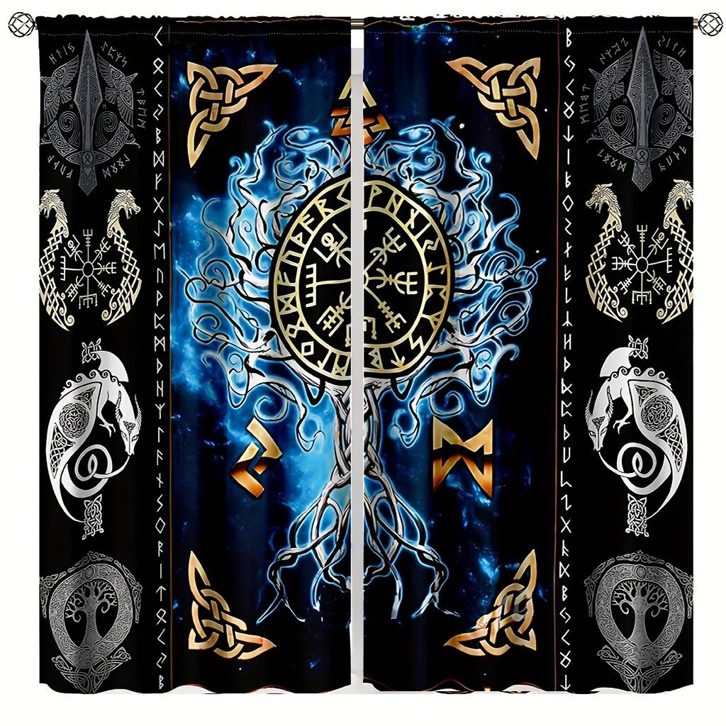 2pcs Viking-Inspired Curtains with Pirate Totem & Tree of Life Design - UV Protective, Semi-Transparent Polyester Drapes for Bed