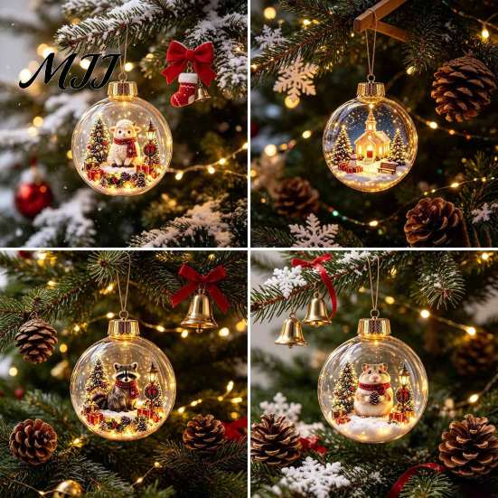 Glowing Christmas Tree Ornaments 3D Animal Faux Crystal Ball Ornament, Lighted Acrylic Hanging Decor Decorative Balls with Hedgehog Penguin Panda,