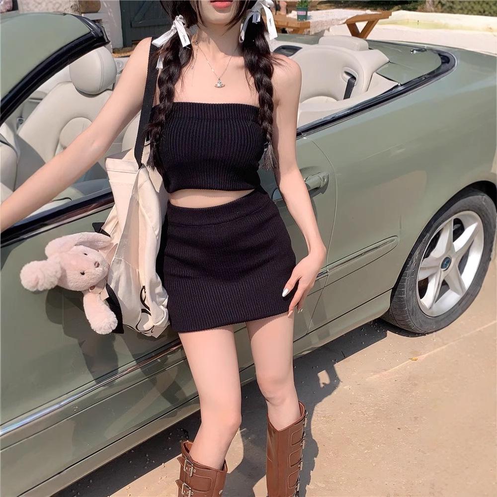 Sweet & Spicy Summer Streetwear: Women's Striped Knit Two-Piece Set - Skirt & Bandeau Top.