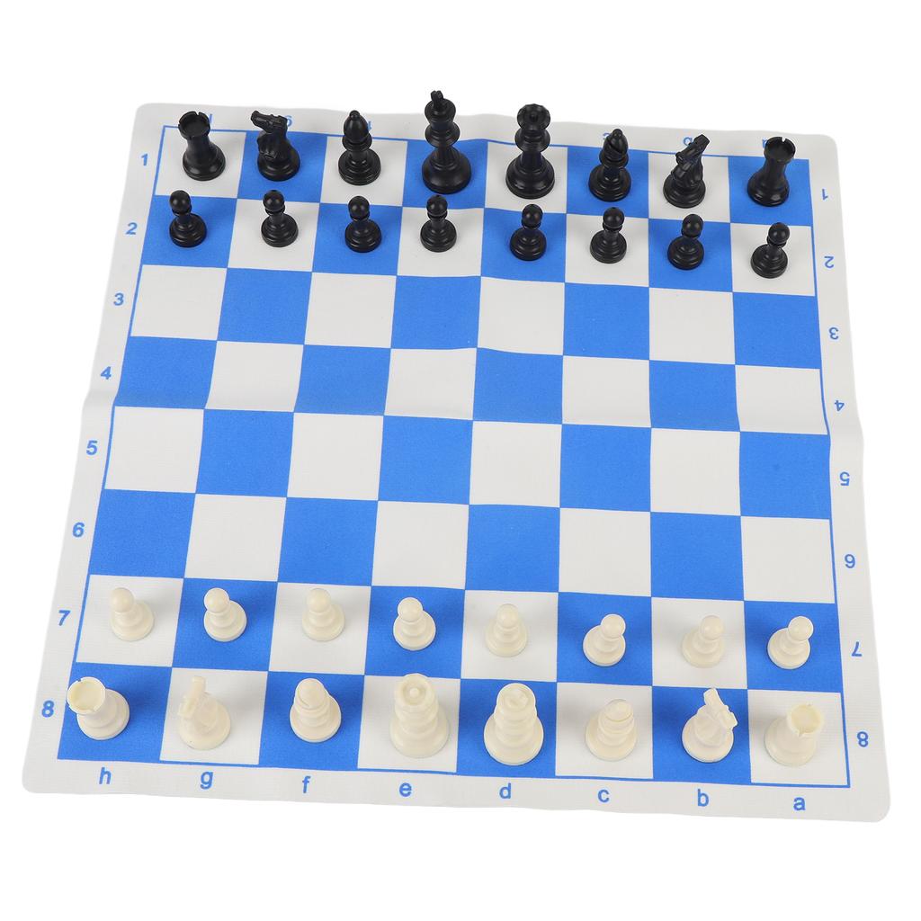 Schachset 42cm Blau und Weiß Aufrollbares PU-Schachbrett 75mm Schachfiguren aus Kunststoff mit Filzunterlage
