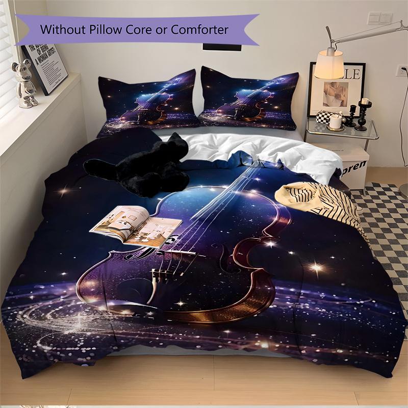 3pcs Anime Cartoon Design Violin Musical Instrument Bedding Set, Includes One Quilt Cover and Two Pillowcases (No Core), Perfect for Home Decor