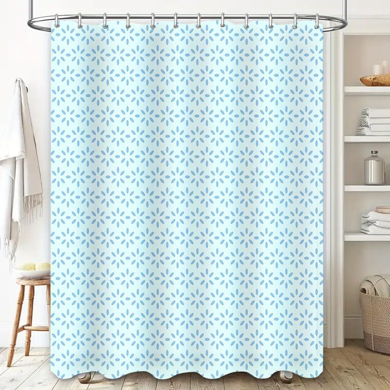 Blue Floral Shower Curtain Waterproof Decorative Bathroom Liner with Metal Hook Set for Home Decoration in Light Blue