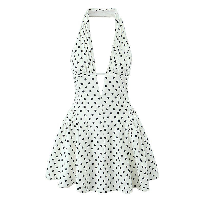 

White Camellia Big Lady French style Gold Style Polka Dot V-neck Scheming Hollow Slimming Hanging Neck Dress A Word Short dress Lady of White Camellia L