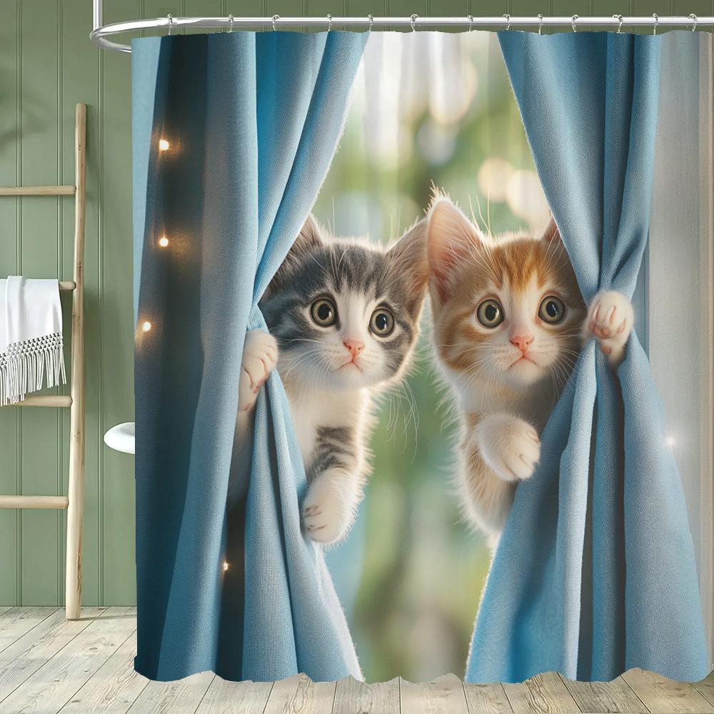 1 piece Cartoon Cat Shower Curtain, Cute Cat and Dog Bathroom Decorative Curtain, Home Printed Polyester Curtain with Hooks