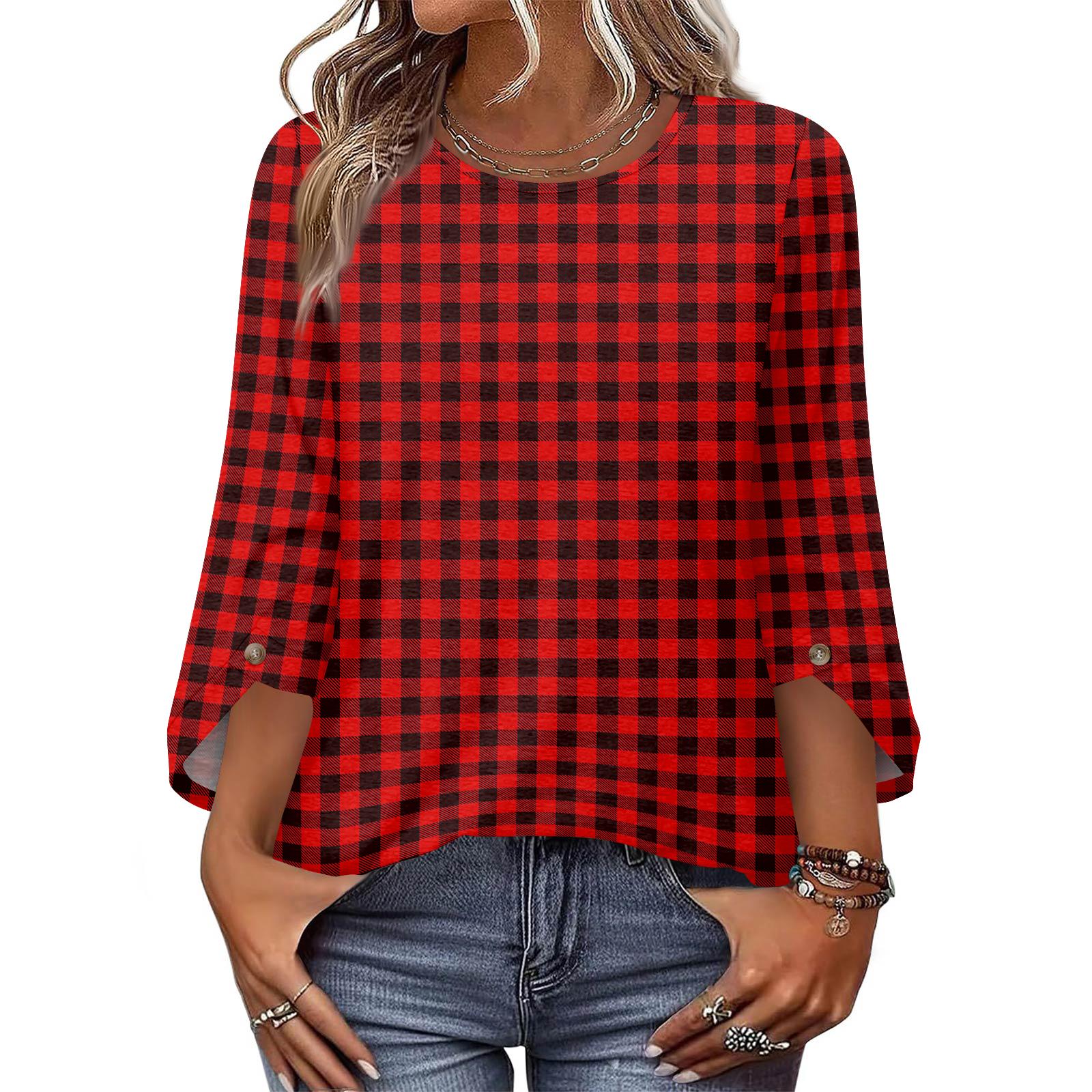

Womens Tops 3/4 Length Sleeve Dressy Casual Blouses For Women Trendy Round Neck T Shirts XL винний