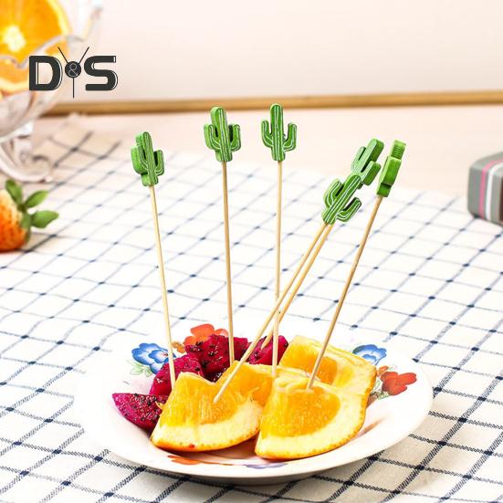 100 Pcs Food Picks Disposable Bamboo No Harm Cactus Shape Salad Sticks for Banquet