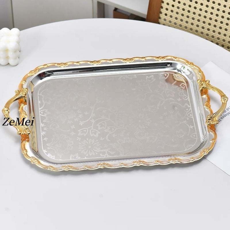 Middle East-Style Rectangle Dessert Plate,Portable Polishing Platinum Metal Fruit Tray, Cake Storage Plate Home Decoration