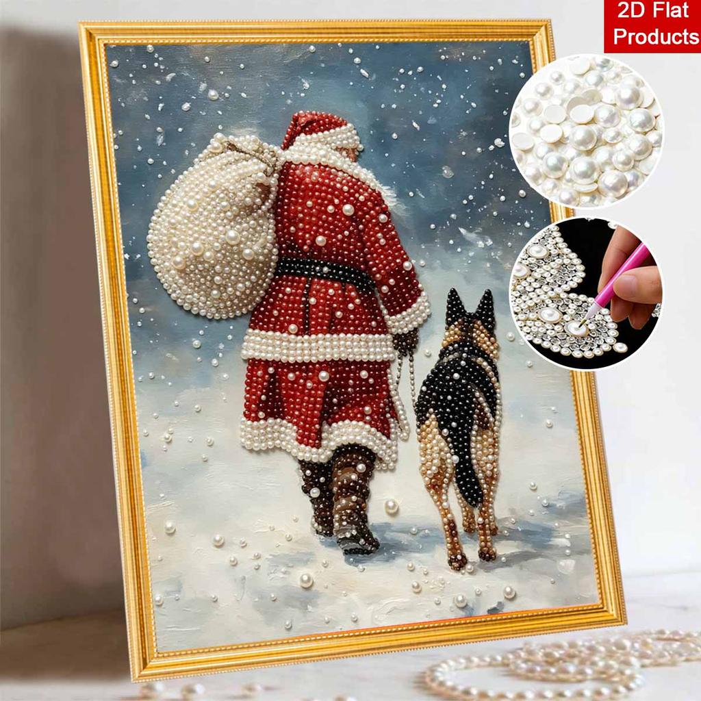 Santa Claus and Dog Pearl Bead Painting Kit with Frame Shiny Canvas Art for Creative Craft Home Decoration and Holiday Gift