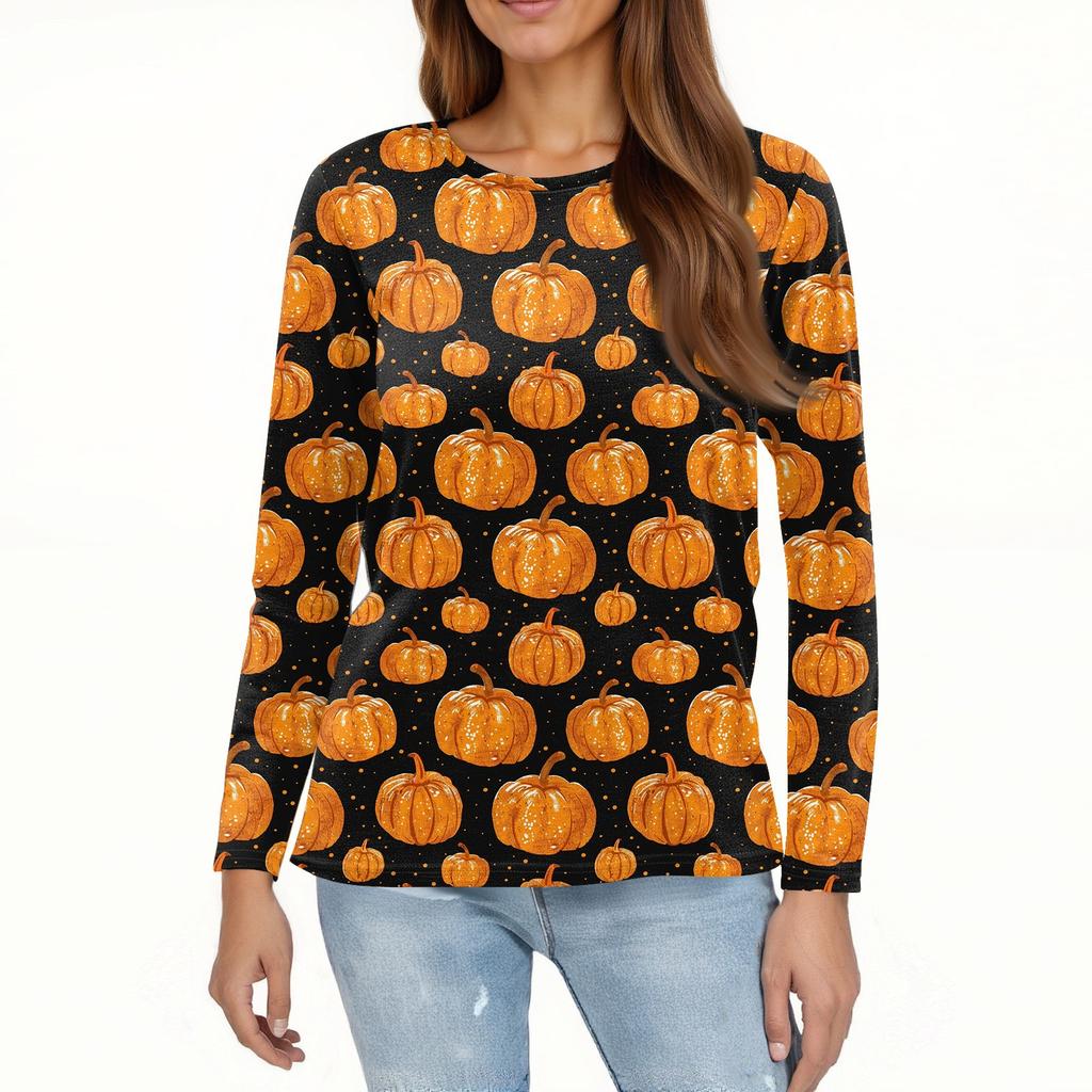 Women's Fashion Hem Slit Casual Halloween Printed Round Neck Long Sleeve Top