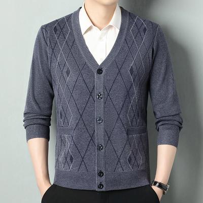 Autumn Winter New Pattern Long-sleeved Cardigan Middle-aged Thickened  Coat Knitted Men's