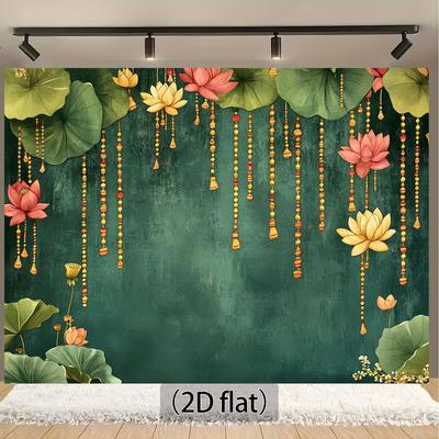 2D Green Lotus Tapestry, Floral Water Lily Background Cloth