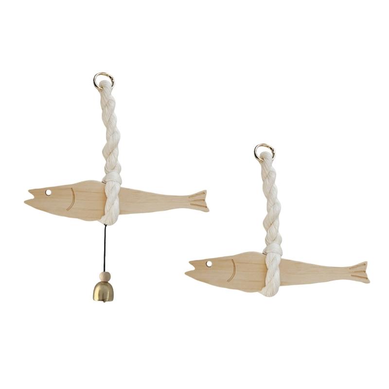 Handcrafts Wooden Fish Door Chimes Hanging Ornament with Bells Door Pendants for Home Office Decoration Wall Art Decors