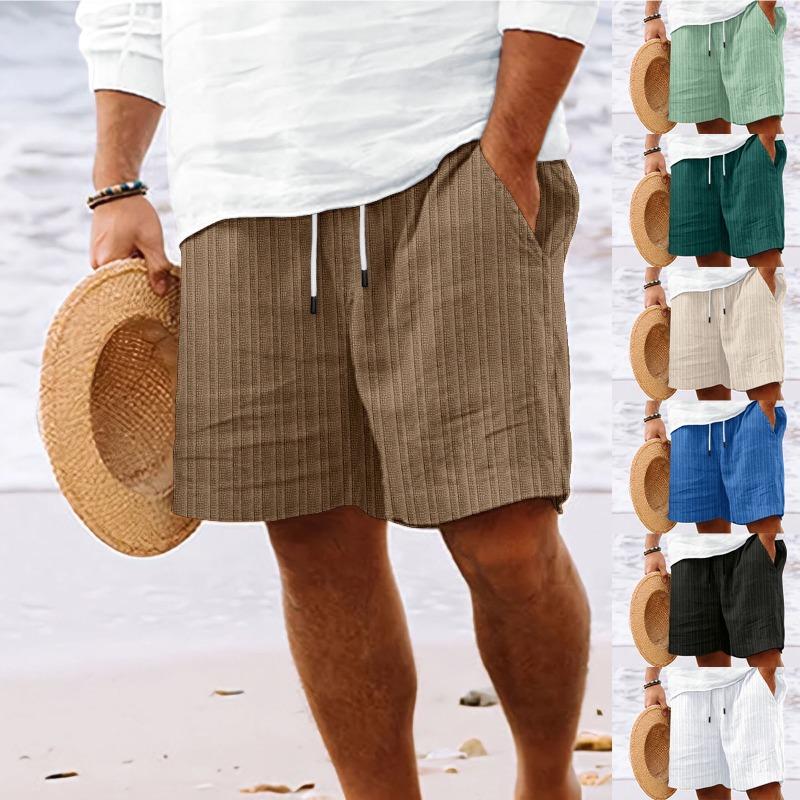 Pantaloncini in cotone e lino con tasche multiple, coulisse, pantaloni da spiaggia a righe da uomo, pantaloncini da uomo