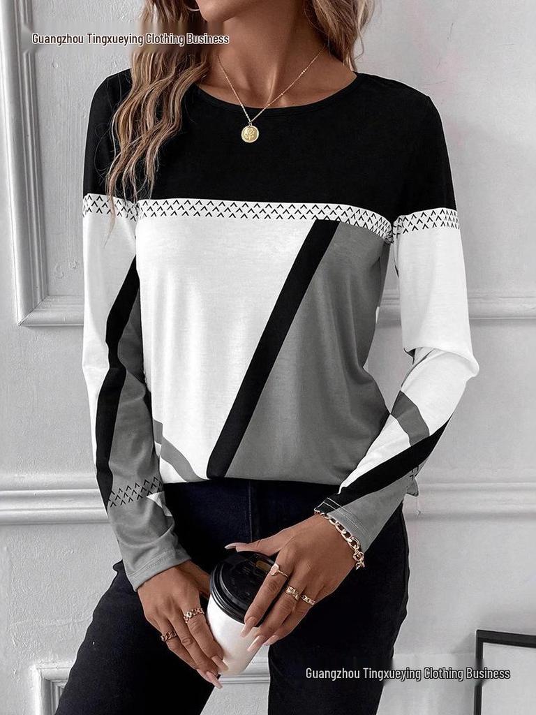 New Arrival Women's Pullover Round Neck Geometric Print Color Block T-shirt