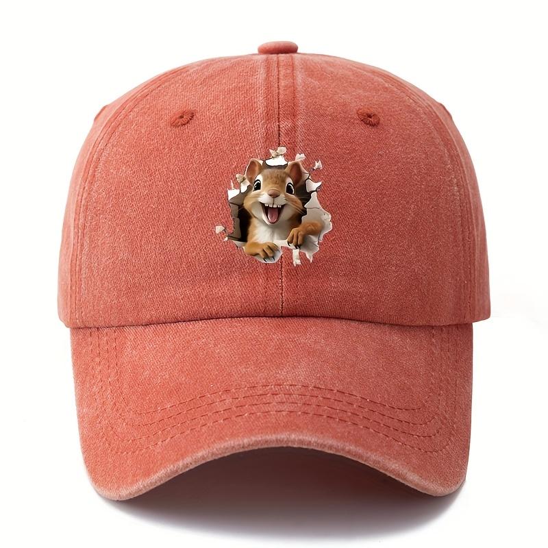 Cartoon squirrel print retro washed lightweight curved brim hat suitable for outdoor vacation, travel, camping truck driver hat