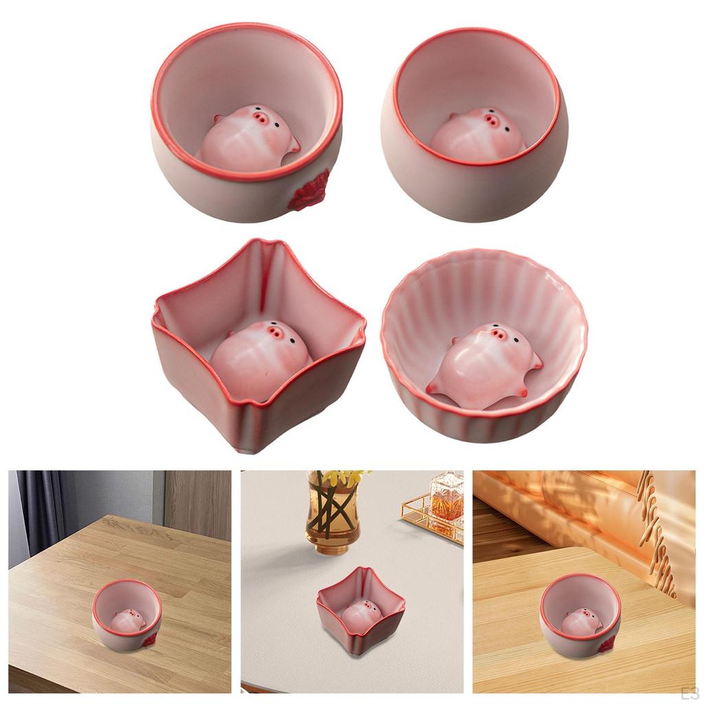 Ceramic Tea Cup ,Kung Fu Teacup with Pet, Traditional, Portable, Piggy Statue Miniature Figurine