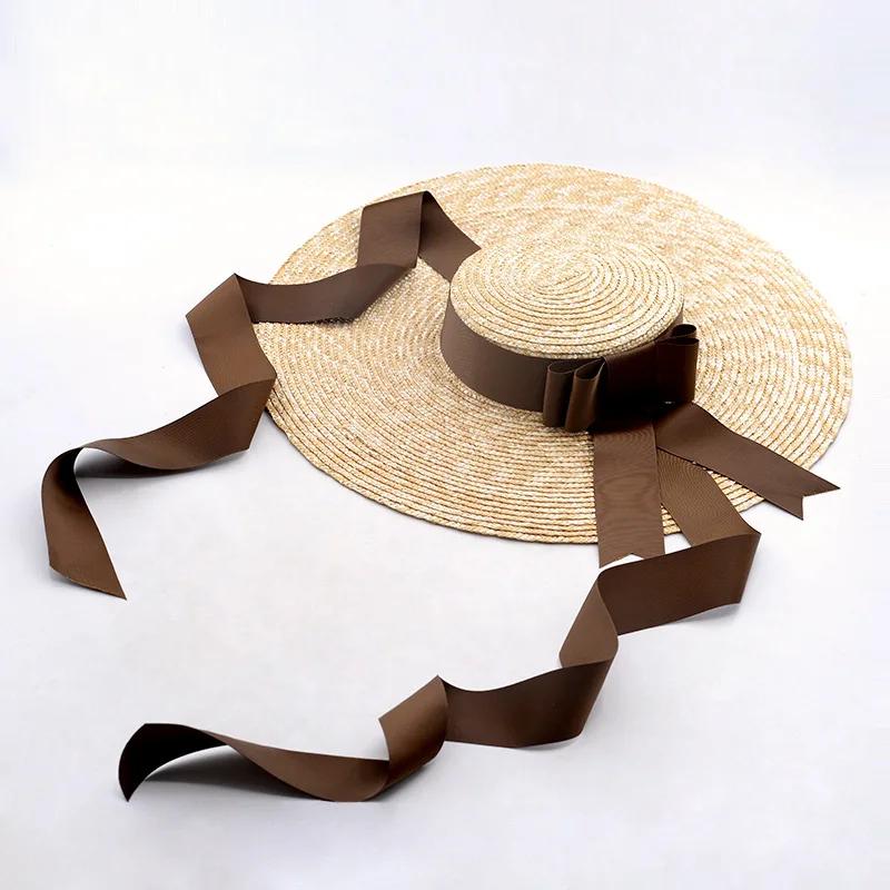 15/18cm Breiter Rand Strandhüte Für Damen Elegant Romantisch Groß UV-Schutz Sonnenhut Mit Nackenband Übergröße Flaches Oberteil Strohhüte