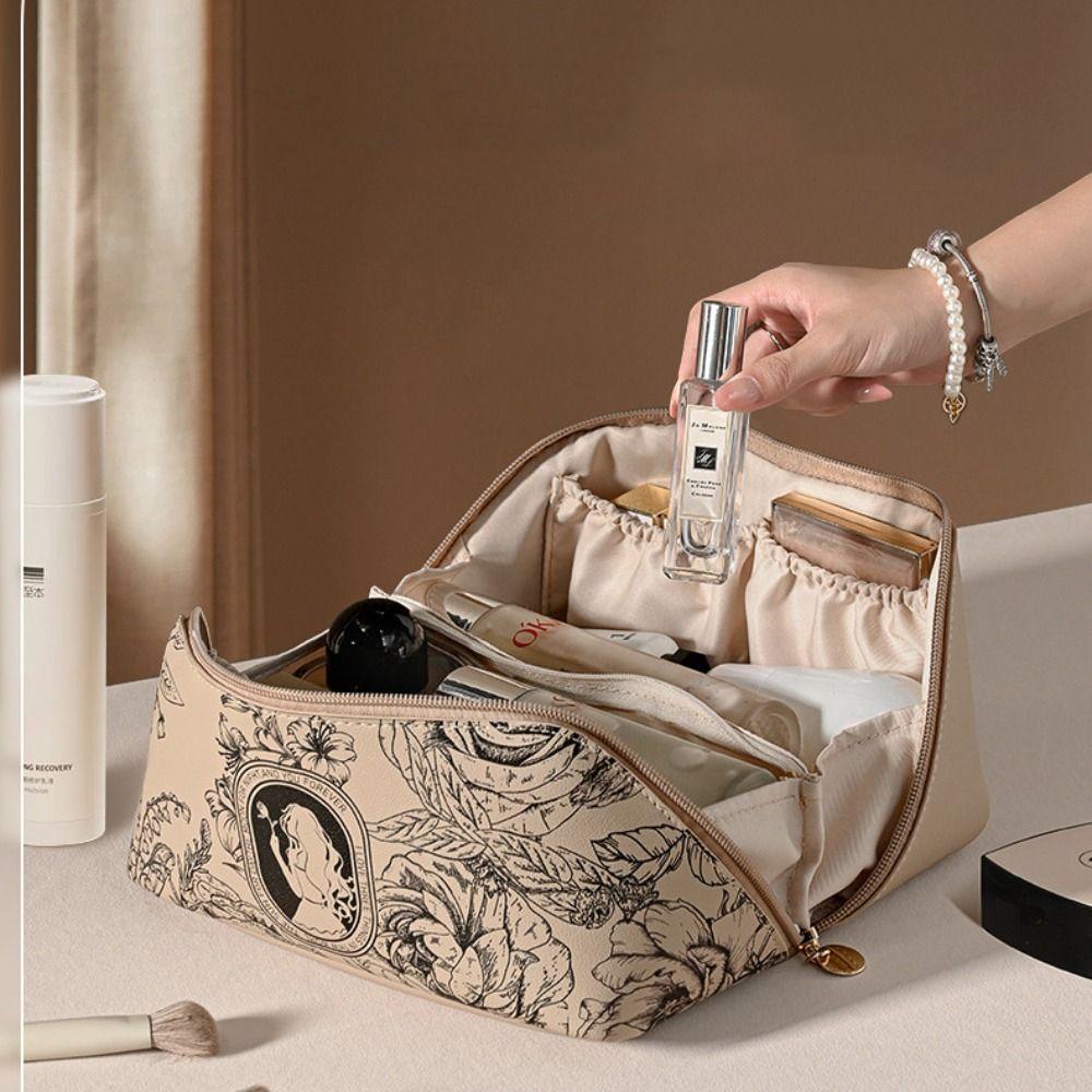 Large Capacity Pu Makeup Pouch Square Storage Toiletry Bag Retro Pillow Cosmetic Bag Travel