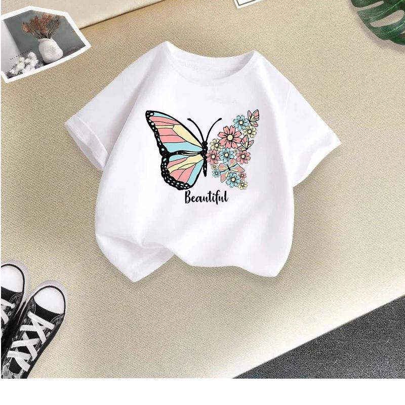 Children's T-shirt girls short-sleeved new style girls summer round neck loose casual top butterfly print cross-border