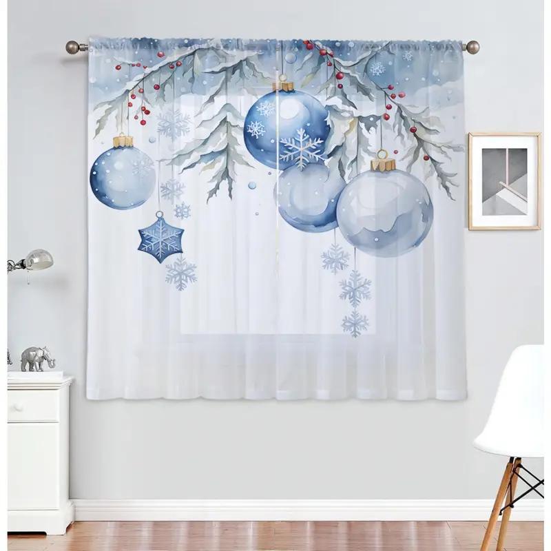 2pcs Christmas blue ball sheer curtains with pole bag design   privacy protection   suitable for decoration in various scenes