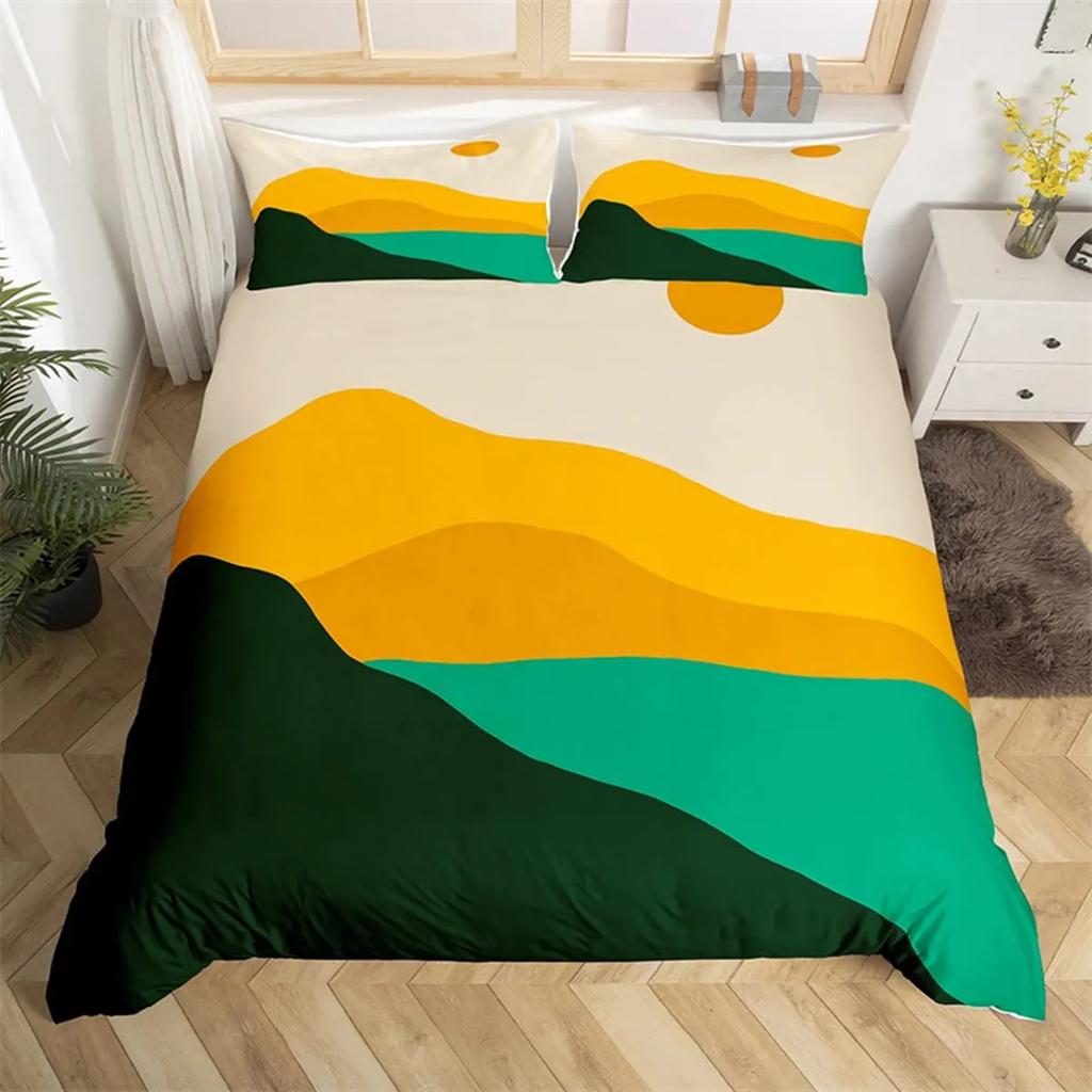 Bondgårdsstil King Queen Abstrakt Landskap Påslakan Mikrofiber Mellankrigstida Svart och Guld Quiltöverdrag Sovrumsdekorationer