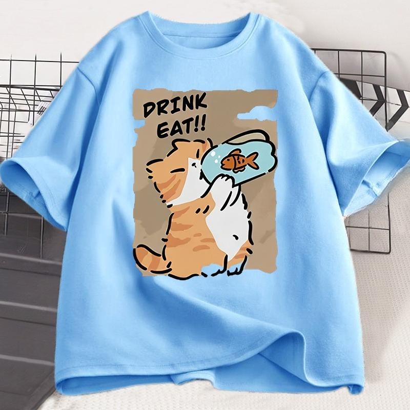 Funny Cat Eat Fish Tshirt Trend Printed Cotton Round Neck Tshirt Unisex and WOMEN with The Same Loose Casual Short Sleeve Tees