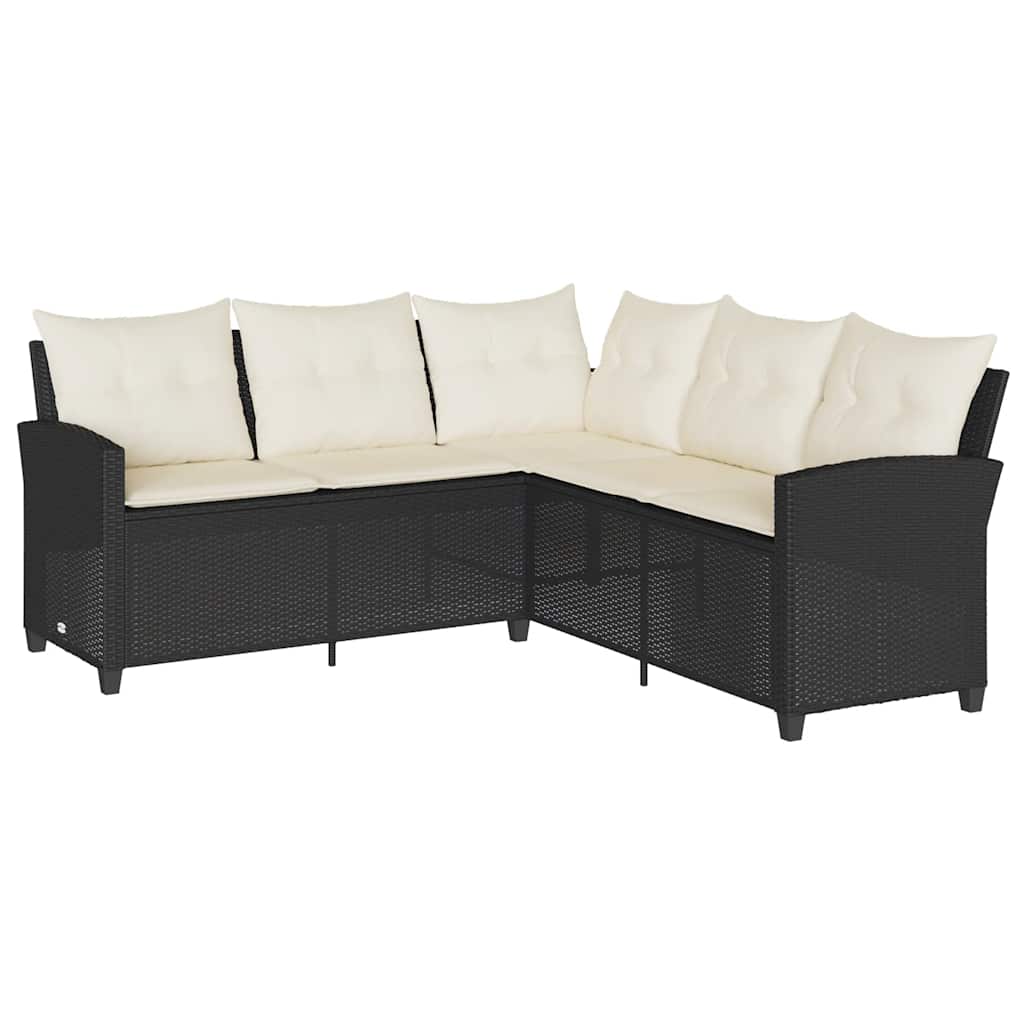 L Shaped Sofa with Cushions Black Poly Rattan