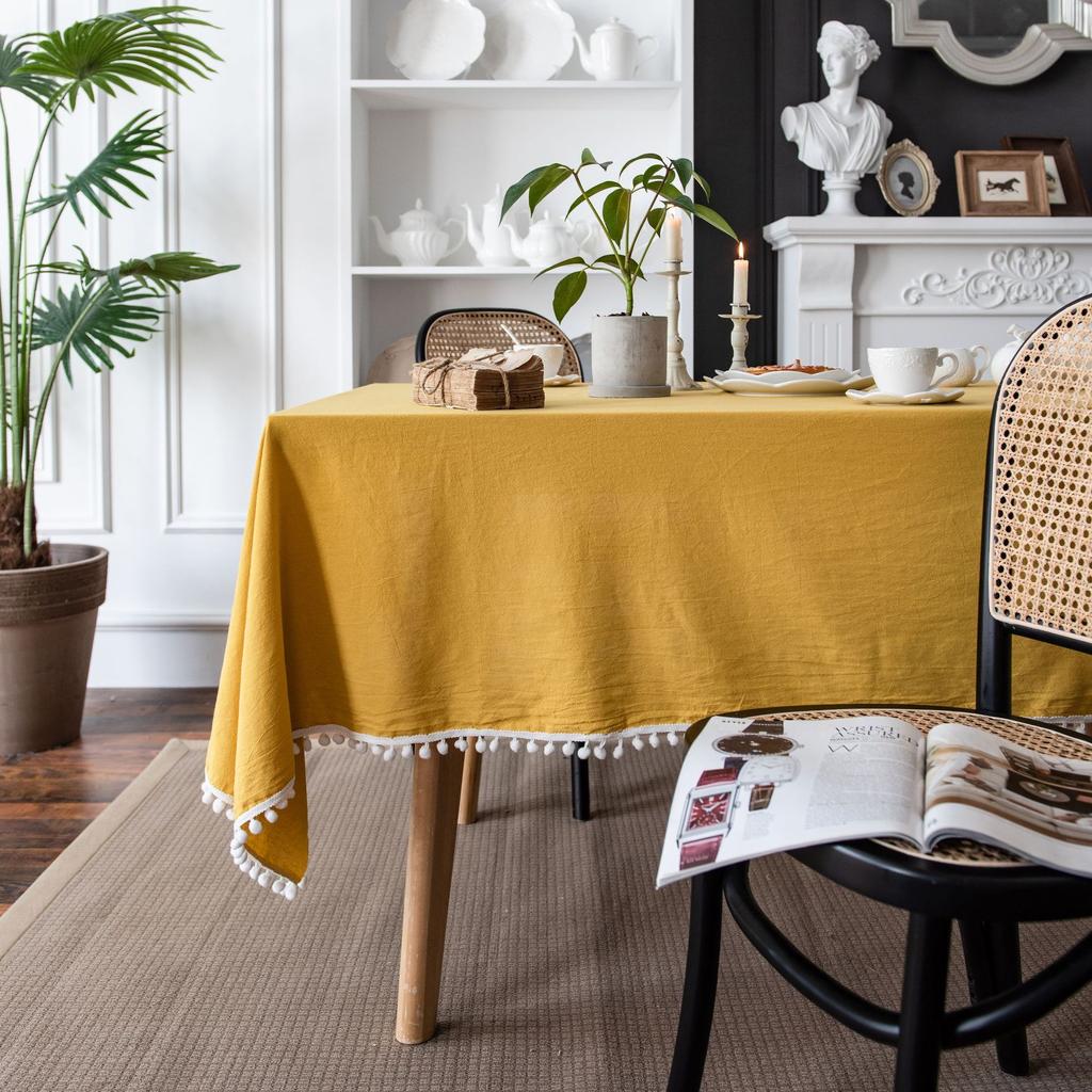 100% Cotton Tablecloths Fabric Tassel Tablecloth Dust-Proof Table Cover for Kitchen Dinning Tabletop Home Wedding Decoration