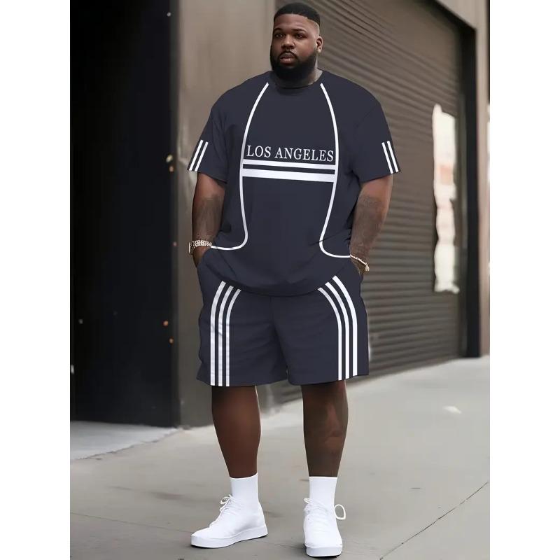 Denim Graphic T-shirt And Shorts 2-piece Set 2025 Plus Size Men's Clothing Casual Loose Drawstring Waist Shorts Short Sleeve Top