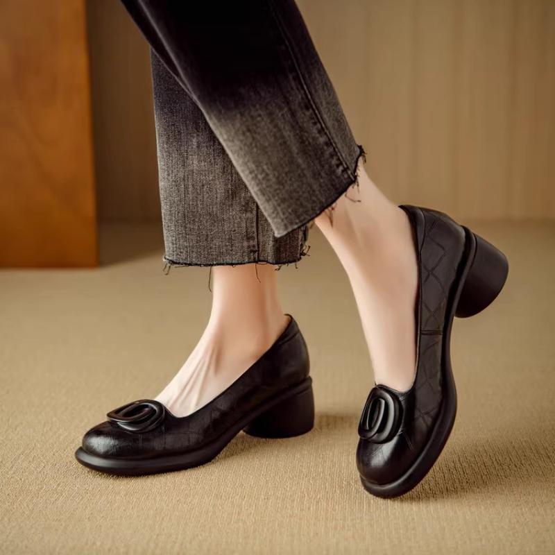 Mocassini da Donna in Morbida Pelle, Stile Retro Francese, Zeppa Morbida, Punta Tonda, Tacco Medio, Tacco Chunky, Apertura Profonda, Design Slip-on
