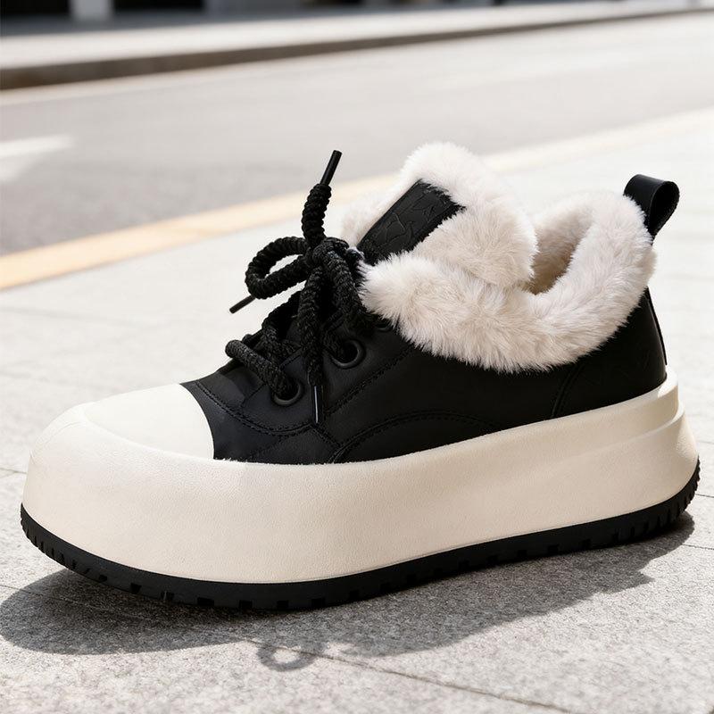 Niche Thick-soled Leather-faced Cotton Shoes for Women's 2025 Winter New Ins Trendy Velvet Warm and Versatile Casual Fluffy Board Shoes