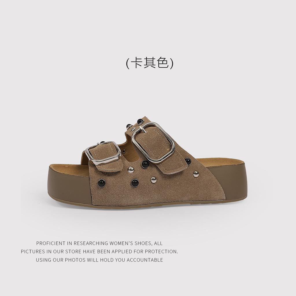 Cattle Velvet Rivet Holiday Retro One-Pedal Birkenstocks Thick-Soled Heightening Shoes