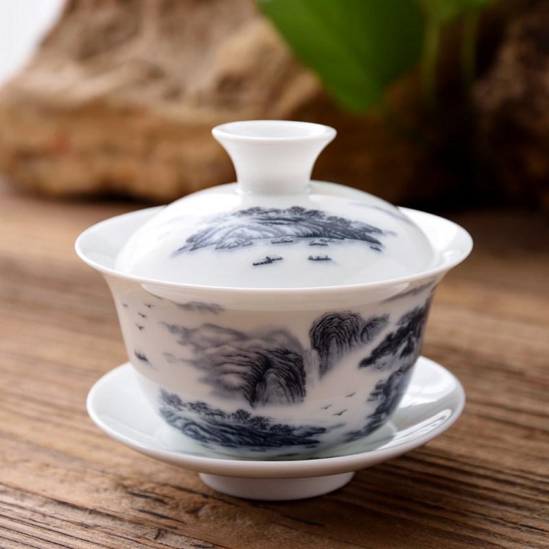 3.4-Inch Blue & White Ceramic Gaiwan Tea Set - 3-Piece, 100ml Capacity