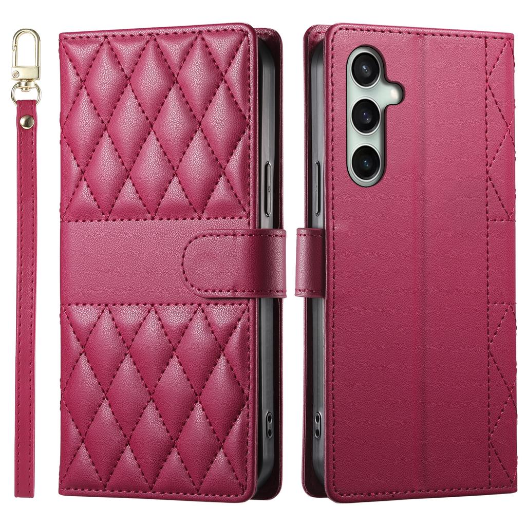 For Samsung Galaxy S24 FE Case Rhombus Stitching Wallet Stand Leather Phone Cover with Long/Short Strap