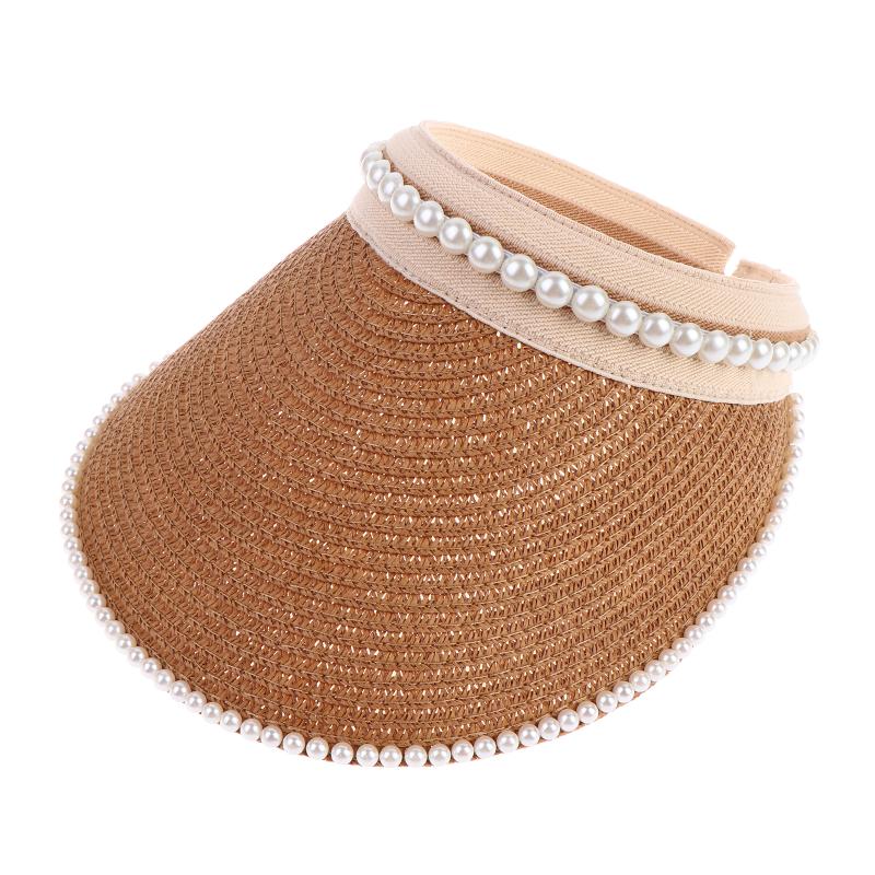 Imitation Pearl Empty Top Straw Hats For Women Casual Summer Beach Visor Caps Foldable Wide Large Brim Sun Uv Protection Caps