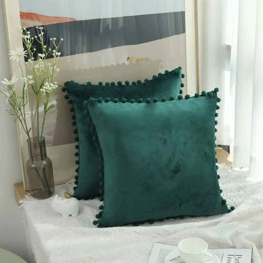 Velvet Pillow Cover with Ball Lace, Soft Cushion Cover, Monochrome, Modern and Simple, Fur Ball, 30x50, 40x40, 50x50, 65x65cm