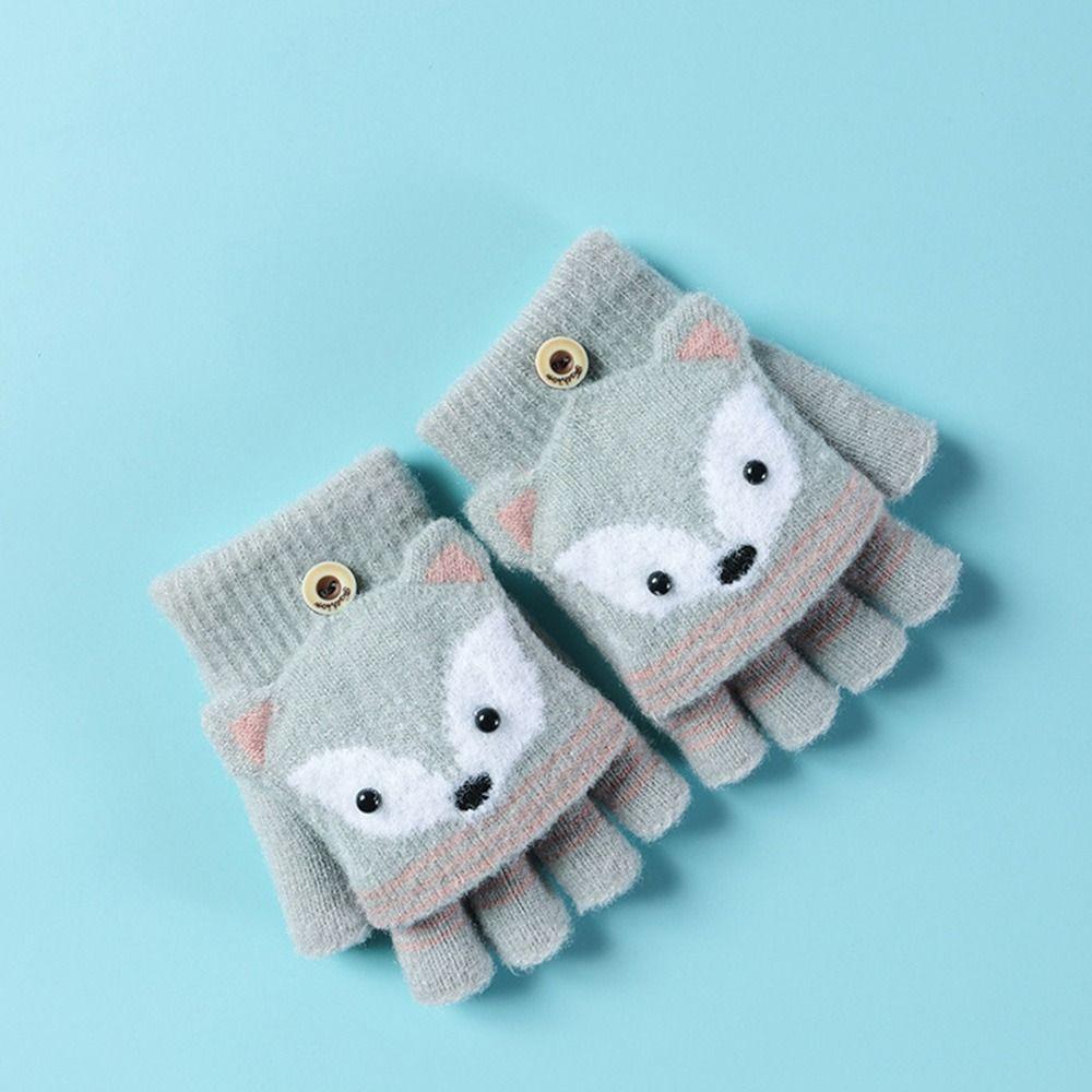 Autumn Winter Children Knitted Gloves Flip Fingerless Gloves Cute Cartoon Fox Warm Half-Finger Gloves