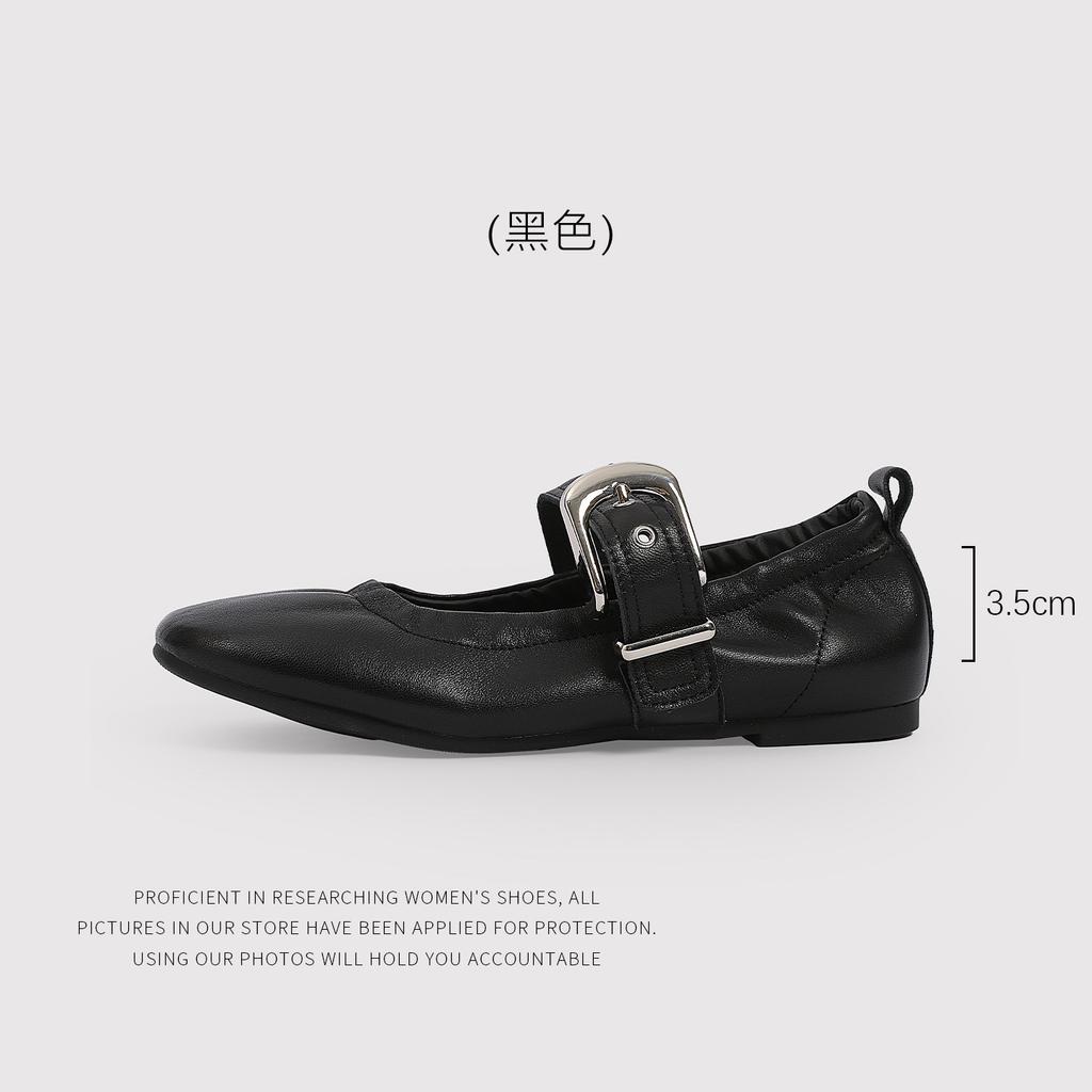 CowhideMetal Square Buckle Ballet Flat Shoes Women'S Skinny Single Shoes Vintage Round Head Mary Jane Shoes