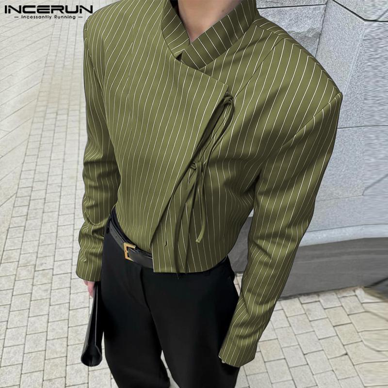 INCERUN Men Stand Neck Long Sleeve Striped Side Bandage Cropped Short Shirts
