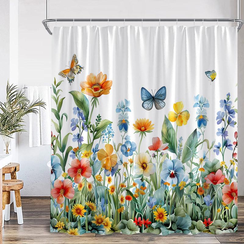 

Butterfly Floral Shower Curtain Green Leaves Flowers Dragonfly Watercolour Plants Bath Curtains Polyester Fabric Bathroom Decor W60H190(CM)-1 Pcs