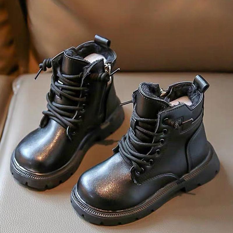 Bambini 1Stivali in pelle nera per ragazze Stivali singoli per ragazze Stivali corti per ragazzi Stivali in velluto e cotone per autunno e inverno Tide