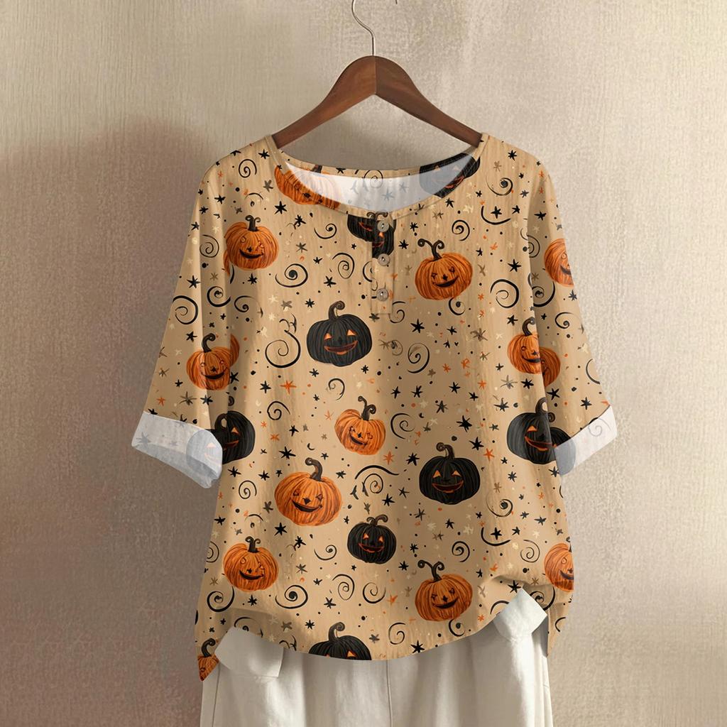 Damska codzienna bluzka z bawełny i lnu z nadrukiem Halloween z okrągłym dekoltem i rękawem 3/4