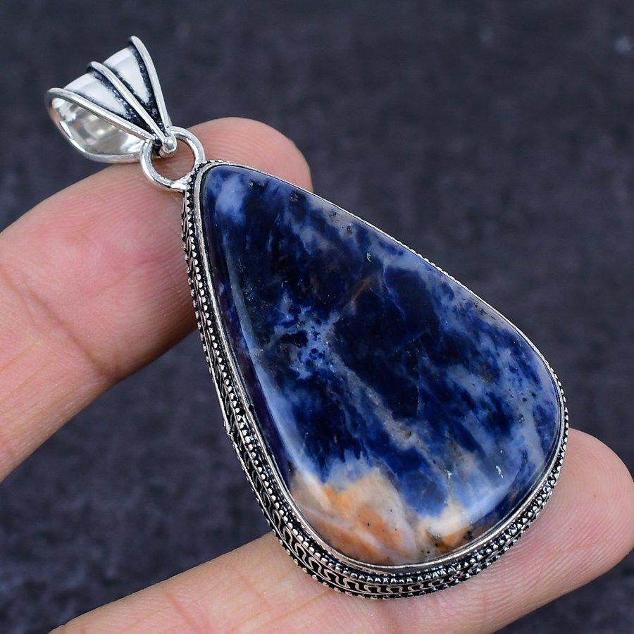 Natural Sodalite Gemstone 925 Sterling Silver Jewelry Pendant 2.52" T3u58