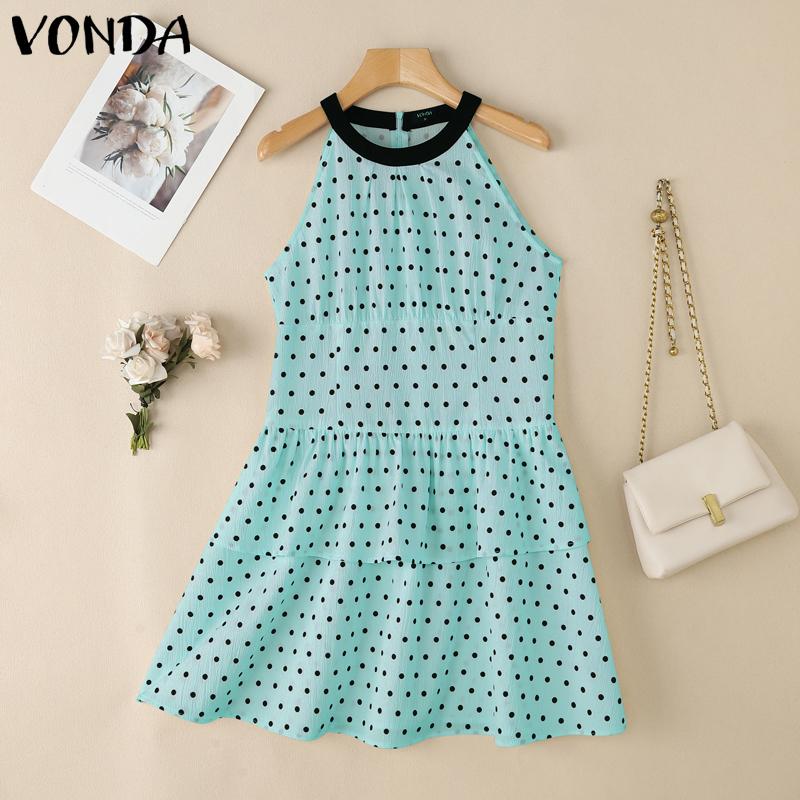 VONDA Women Summer Sleeveless Polka Dots Slim Waist Ruffled Pleated Dress