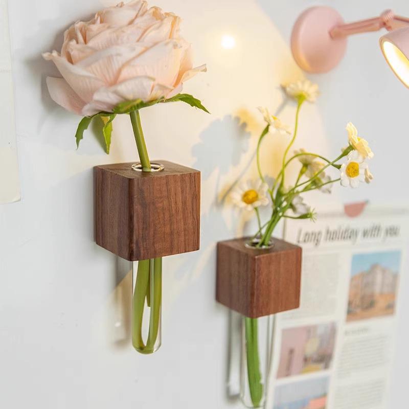 3D Wooden Flower Vase Refrigerator Magnet with Hydroponic Tube