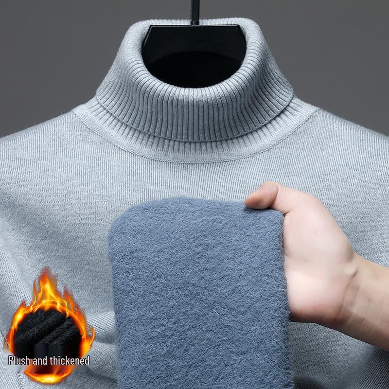 Men's Wool Blend High Neck Knit Sweater with Velvet Fleece Lining