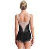 Women Rhythmic Gymnastics Leotard Round Neck Sleeveless Contrast Color Patchwork Rhinestones High Slit Skirt