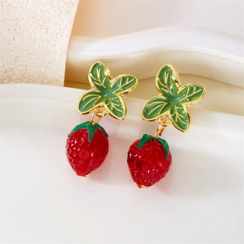Sweet Cute 3D Resin Raspberry Drop Earrings for Women Enamel Green Leaves Red Strawberry Earring Girls Daily Wear Jewelry Gift