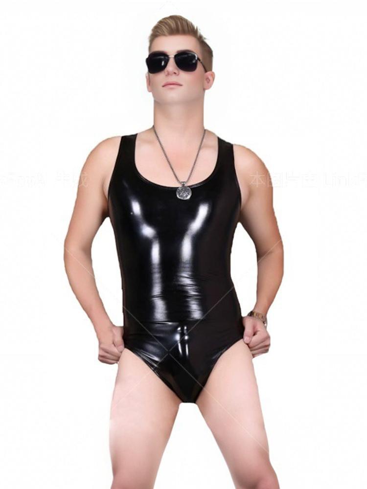 Wet Look Shiny Pvc Bodysuit Tops Gym Tank Tops Man Fitness Clothing Faux Latex Pu Leather Bodybuilding Shaping Men'S Tights