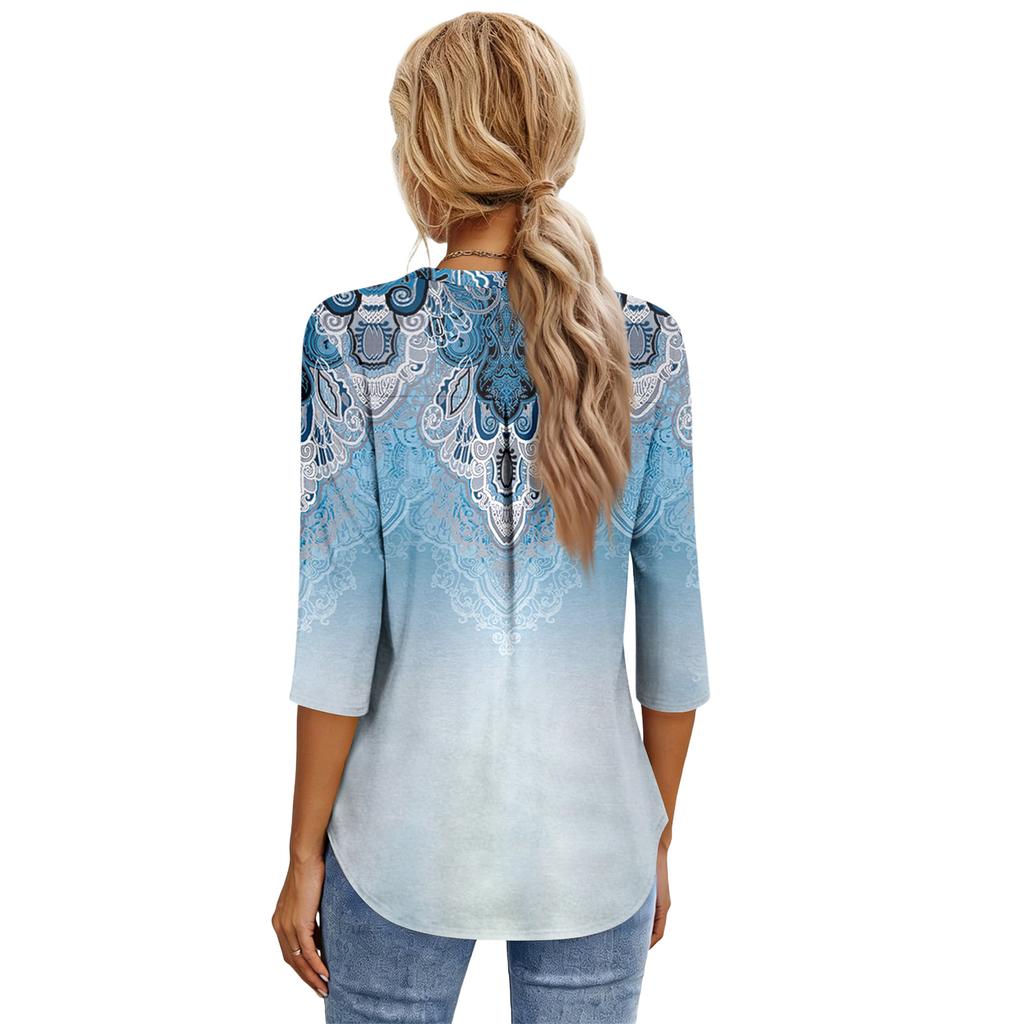 Women's Fashion Casual Three-Quarter Sleeve T-Shirt Printed V-Neck Top